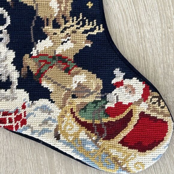 Lands End Needlepoint Stocking Santa Clause Sleigh Reindeer "Julie" Monogram - Picture 4 of 7